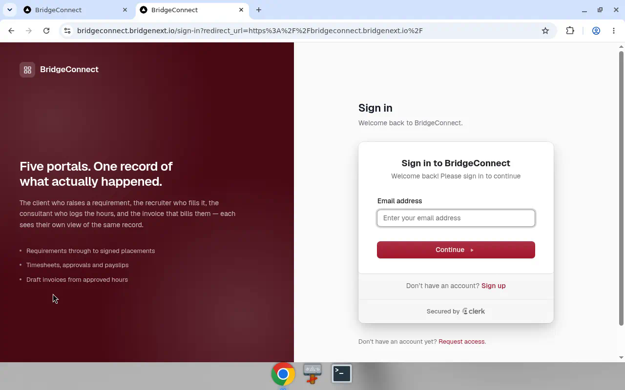 BridgeConnect sign-in with Request access link